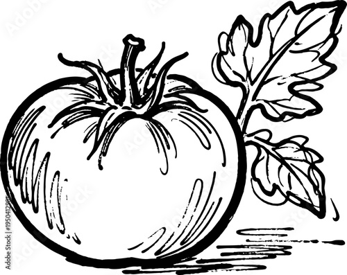 Vintage hand drawn tomato with leaves sketch, botanical garden vegetable illustration