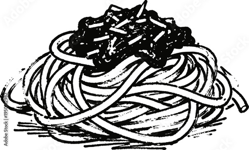 Illustration of a plate of spaghetti topped with sauce, classic italian pasta dish