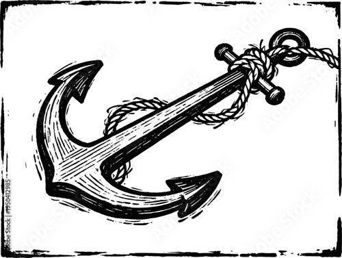 Vintage nautical anchor illustration with rope, maritime symbol, retro sea design