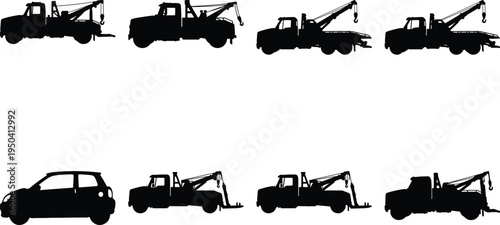 Various tow truck and car silhouettes illustrating transport and roadside assistance services