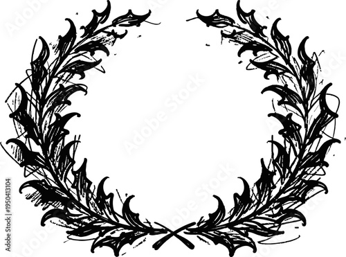 Vintage laurel wreath design with detailed leaves and branches in black ink