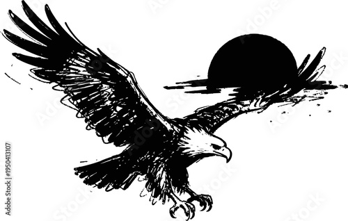 black eagle in flight with extended wings flying near setting sun silhouette