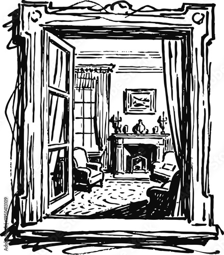 Vintage window view into cozy living room with armchairs, fireplace, curtains, and framed picture