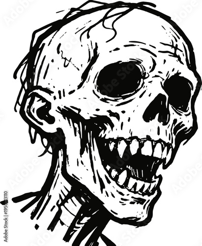 Black and white drawing of a detailed human skull with open mouth and visible teeth