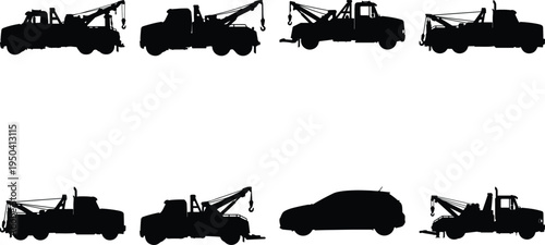 Collection of black silhouettes of tow trucks and cars on a white background.