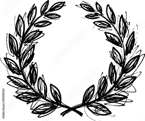 Hand drawn laurel wreath sketch with leaves circle frame decorative element