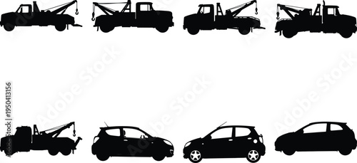 Set of black tow trucks and compact cars in silhouette on white background.