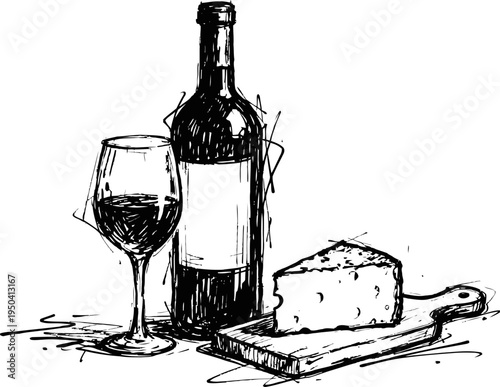 Wine bottle with glass and cheese wedge on wooden board, hand drawn sketch illustration
