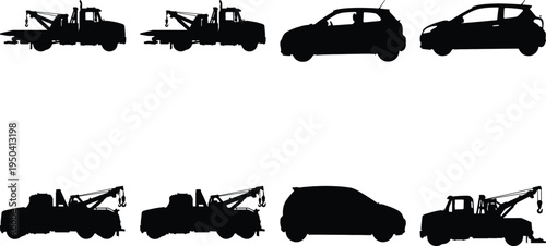 Various tow trucks and modern cars depicted as black silhouettes on white.