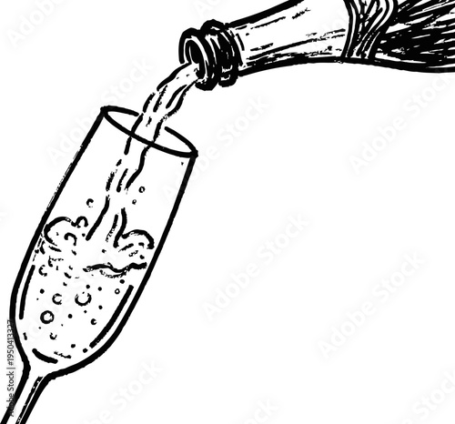 Champagne pouring into a tall glass flute with bubbles and sparkling liquid illustration