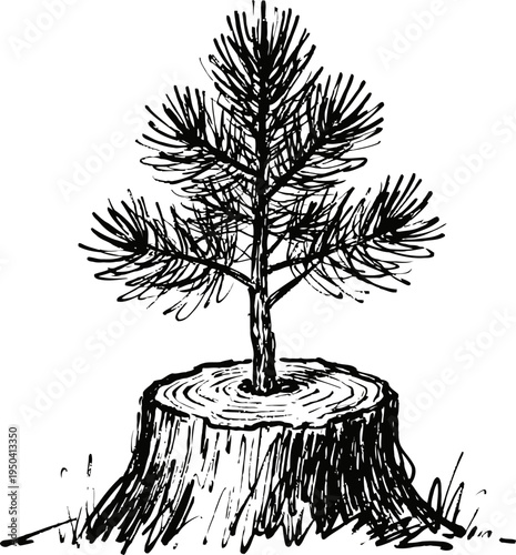 Young pine tree growing from old tree stump nature regeneration, growth and rebirth concept, ecology and environment illustration