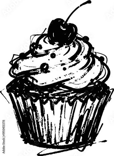 Cupcake with cherry on top sweet dessert with creamy frosting and sprinkles hand drawn pastry illustration