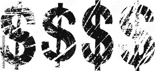 Grunge dollar signs set in black, distressed texture, financial symbols, currency icons with worn effect