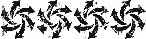 Grunge black spiral arrows pattern circular rotation symbol directional, movement, dynamic design