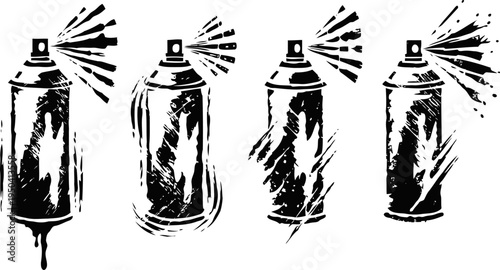 black and white grunge spray paint cans set urban art, graffiti stencil illustration