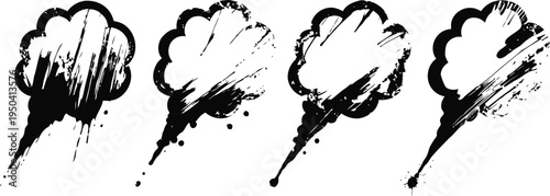 set of four black grunge paintbrush splatter strokes isolated on white background