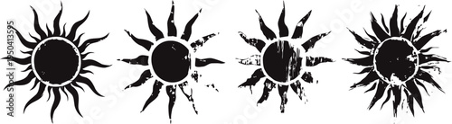 grunge sun symbols set with irregular rays, black silhouette tribal celestial designs