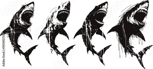 Grunge aggressive shark silhouettes with open mouths in a row ocean predator art set