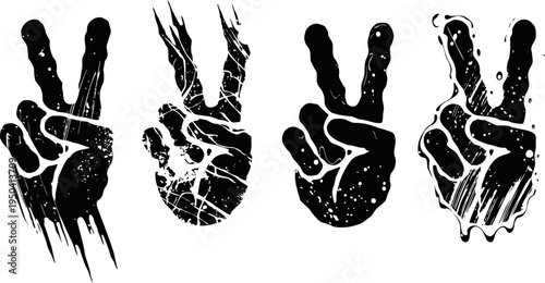 Grunge peace hand signs set with textured effect and dynamic brush strokes