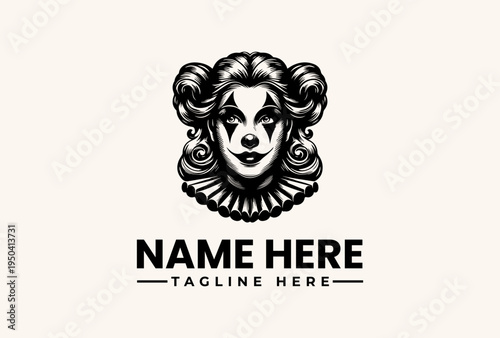 Black and white illustration of a woman's face with curly hair and a ruffled collar, logo design with placeholder text on a beige background.