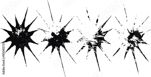 Set of black bullet hole splatter marks varying sizes and shapes isolated on white background illustration