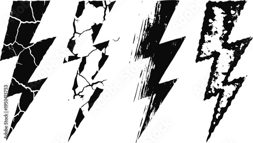 Grunge lightning bolt icons set with cracked and distressed texture design elements