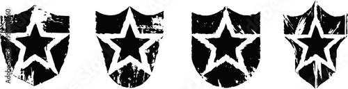 Four distressed black star emblems on shield shaped backgrounds with grunge texture