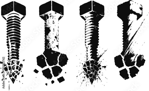screws breaking apart and shattering under pressure in black and white illustration