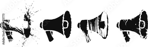 Megaphone set with grunge splatter and vintage loudspeaker icons in black silhouette design for communication and announcement