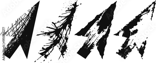 set of four black ink grunge arrows with textured distressed brush strokes isolated on white