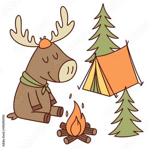 Cute Relaxed Moose, accessorized with with a tiny crown, in a Camping trip world – Campfire Glow palette vector