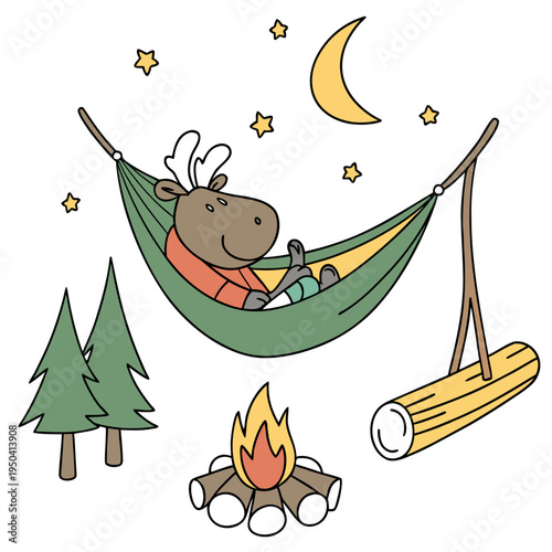 Cute Funny Moose, accessorized with in a hammock, in a Camping trip world – Campfire Glow palette vector