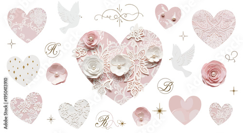 Pink heart decorations with white flowers and doves on white