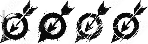 grunge archery targets with arrows hitting the bullseye in black silhouette design