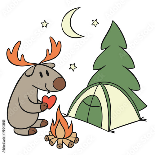 Campfire Glow colored Moose with a Happy touch, placed in a Camping trip theme and styled with holding a heart