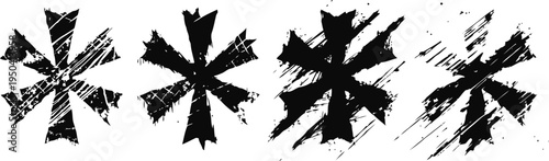grunge black asterisk symbols set with rough textured brush strokes isolated on white