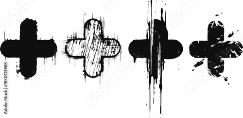 Grunge plus signs collection with distressed ink splatter and sketchy paint stroke design elements