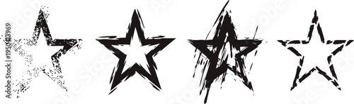 set of four distressed grunge stars in black and white with different textures and patterns