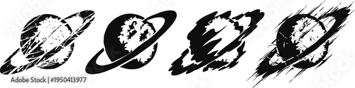 four black and white abstract planet icons with rings in different artistic styles