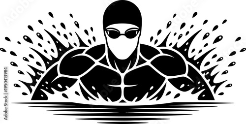 Swimmer muscular torso water splash sports stencil silhouette