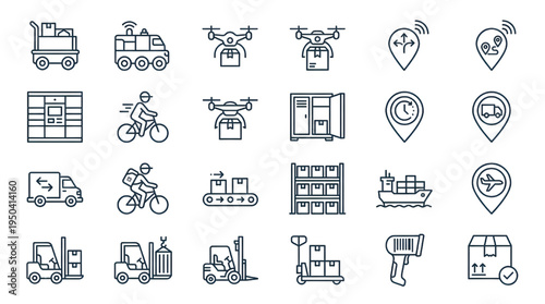 Fast Delivery and Logistics Icon Set – Cargo Drone Warehouse Transport Vector