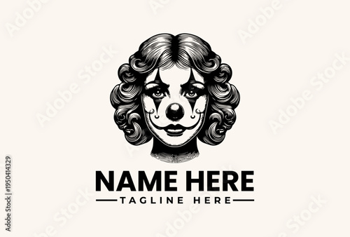 Black and white illustration of a clown face with curly hair and a customizable text area for a name and tagline on a beige background.