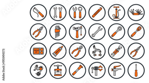 Comprehensive vector collection of essential workshop hand tools and equipment icons for various repair and maintenance tasks