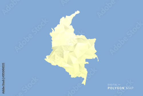 Colombia Map in low poly polygon vector style, geometric shape illustration with soft yellow tones on blue background, clean silhouette for infographic.