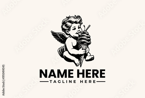 A black and white illustration of a cherub holding a striped object with a quill, against a plain background, featuring placeholder text for a logo or brand name.