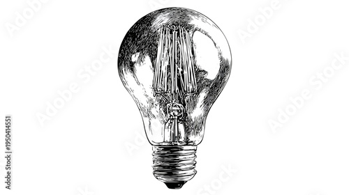 A detailed black and white illustration of a classic, vintage-style light bulb