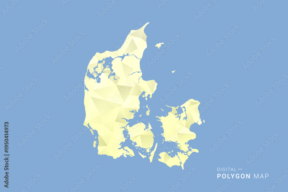 Obraz premium Denmark Map in low poly polygon vector style, geometric shape illustration with soft yellow tones on blue background, clean silhouette for infographic.