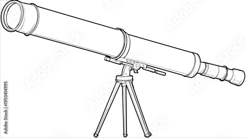 Black and white illustration of a refracting instrument, mounted on a tripod for astronomical observations