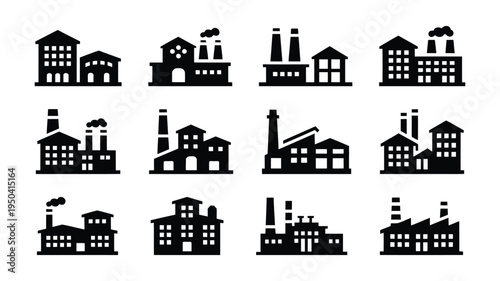 Assortment of factory buildings, industrial plants and industrial complexes with smokestacks.