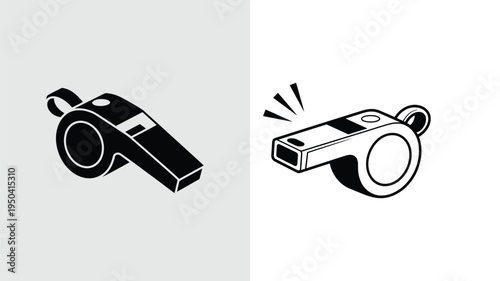 Black and white whistle icon set, flat referee whistle, sport coach, lifeguard, emergency tool